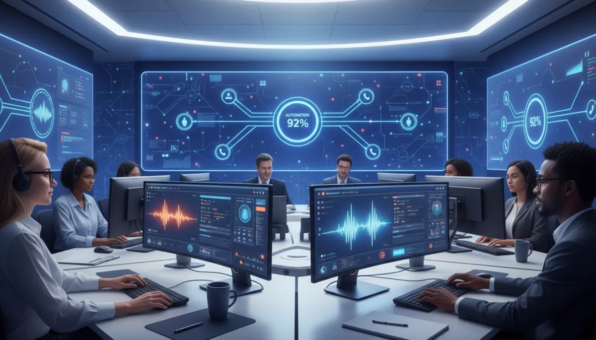 Photorealistic modern contact center where human agents collaborate with AI voice dashboards on large screens, real-time analytics visualizations, and call flows showing high automation rates, bright professional lighting, diverse team focused and relaxed