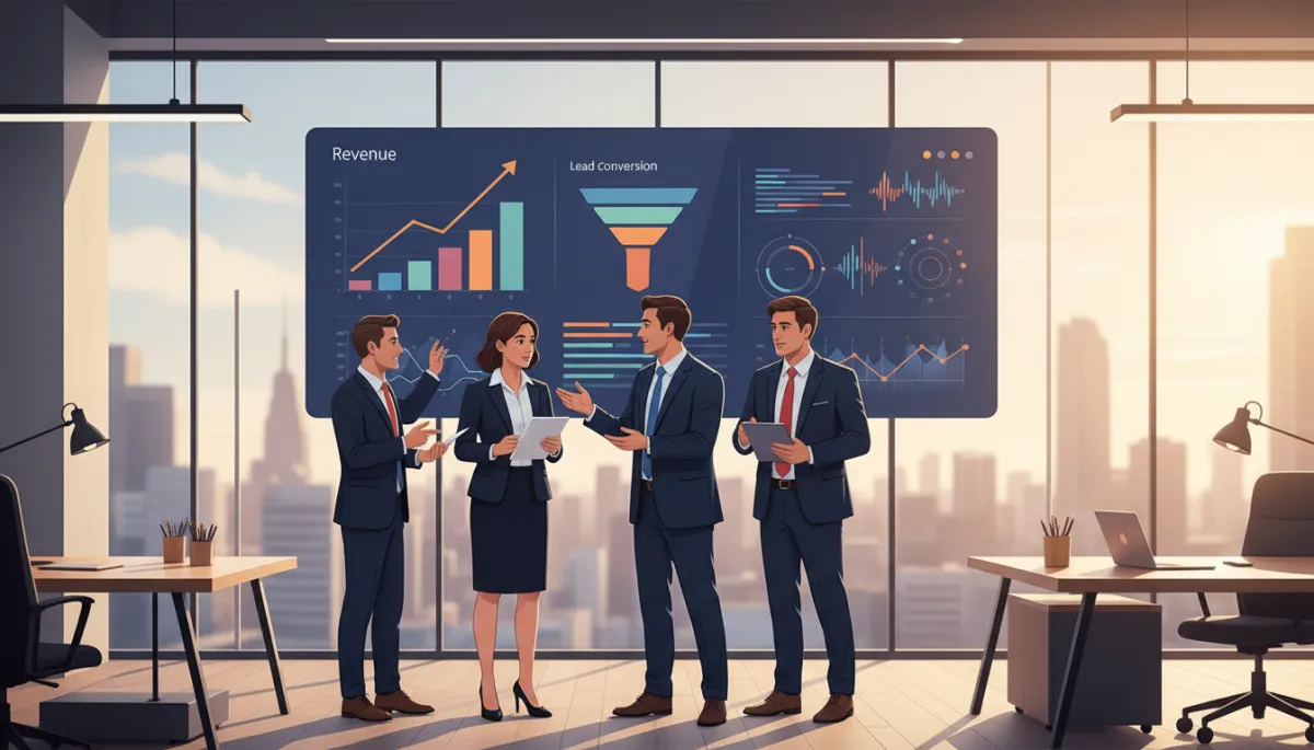 Executives in a glass-walled office reviewing a large wall-mounted dashboard showing Voice AI call analytics, lead conversion funnels, and rising revenue curves; warm natural light, photorealistic detail, modern enterprise environment