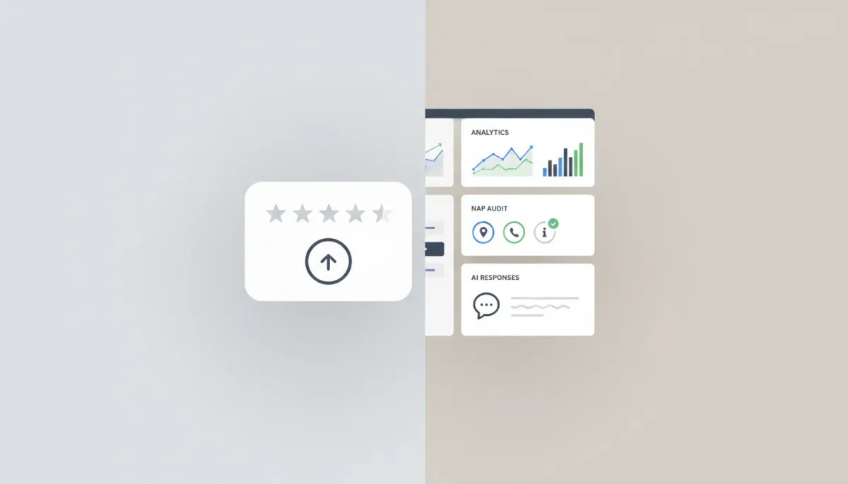 digital illustration comparing a simple review pop-up tool on one side and a full-featured reputation management dashboard with analytics, NAP audit, and AI responses on the other, neutral color palette, clean icons and charts