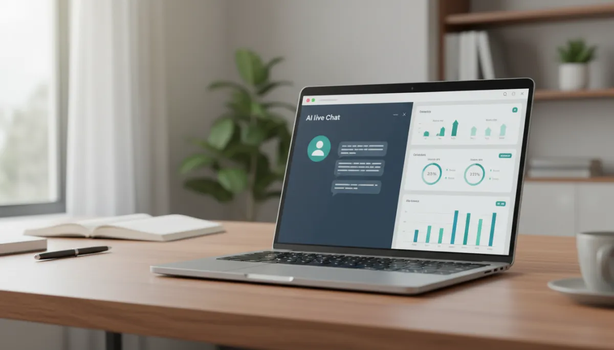 photorealistic close-up of laptop on a founder’s desk showing AI live chat widget and analytics dashboard, neutral office background, soft natural light