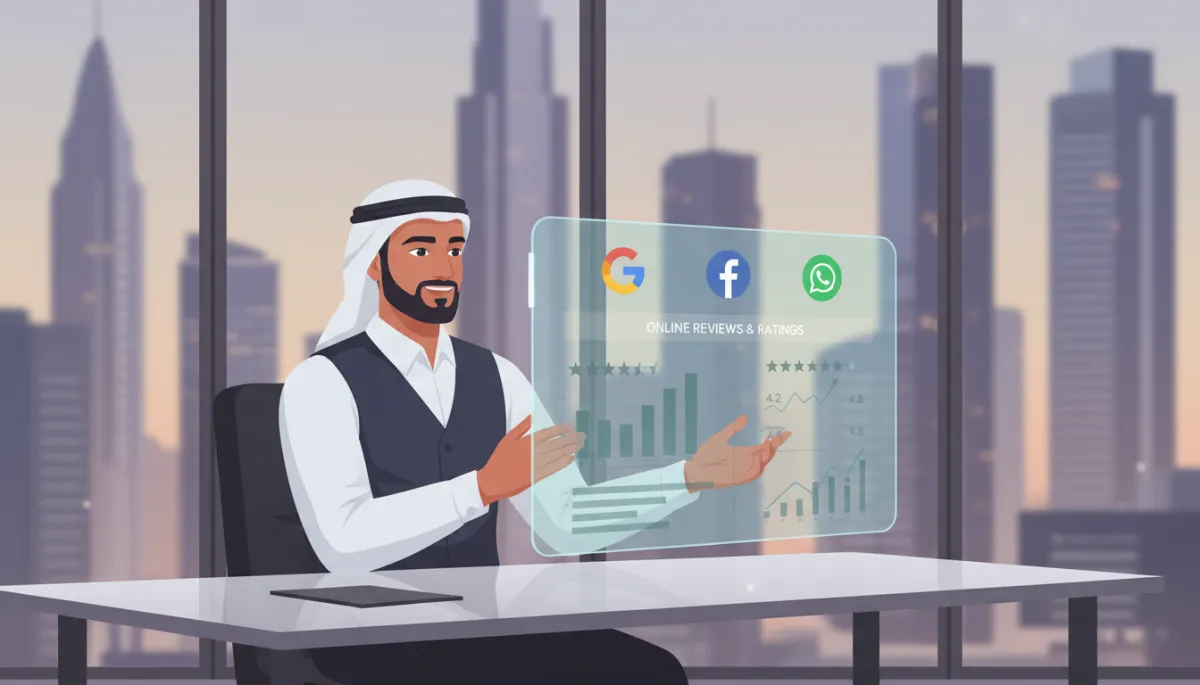 digital illustration of a local business owner in a modern GCC city office reviewing a unified dashboard of online reviews and ratings from Google, Facebook, and WhatsApp, neutral color palette, clean interface, subtle UAE skyline in background