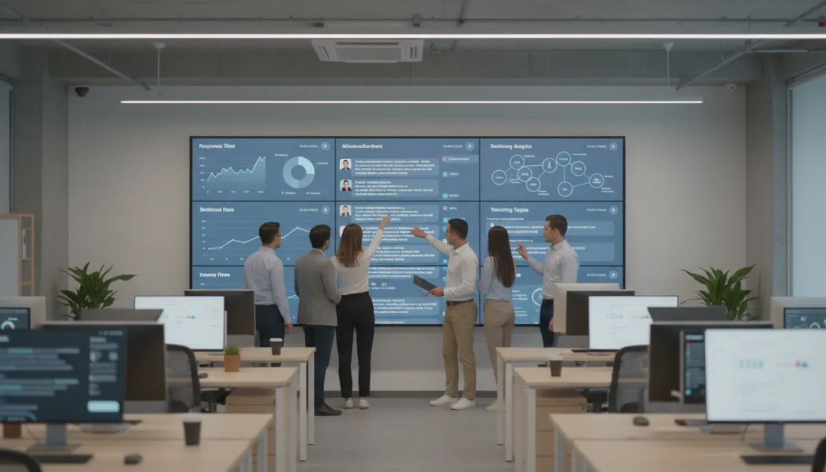 photorealistic modern SaaS office with diverse team reviewing AI-powered customer support dashboard on large wall screen, neutral color palette, subtle lighting, live chat conversations and analytics visible on monitors