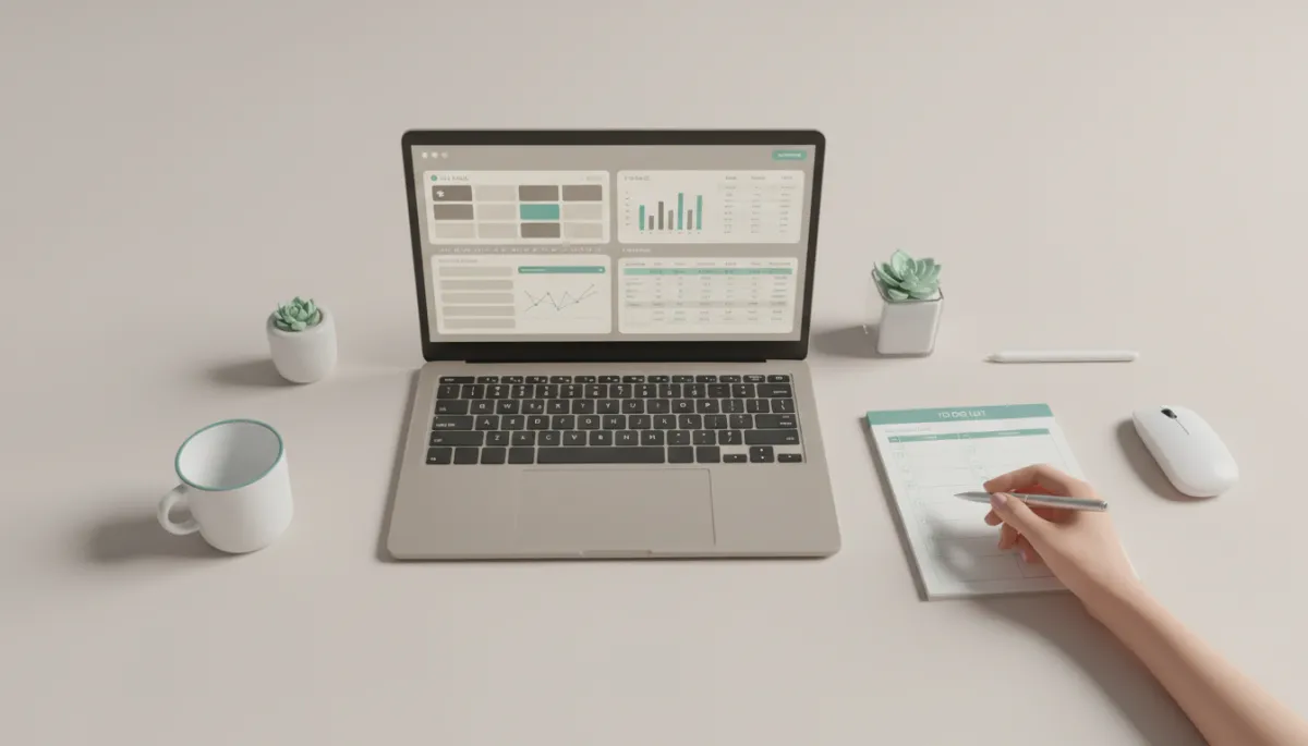 Organised workspace with social media planner, finance spreadsheet, and to-do list Organised workspace with social media planner, finance spreadsheet, and to-do list