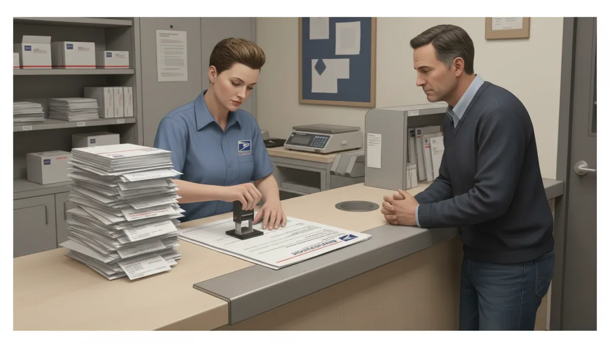 Postal clerk hand-stamping certified mail receipts and a Bill of Lading at the USPS counter