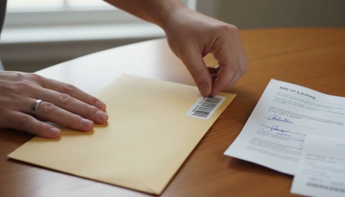 Certified mail tracking sticker being attached to an envelope beside a Bill of Lading