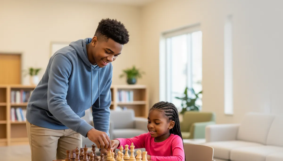 Older teen mentor of color helping a younger child of color understand a chess move at a community center table Older teen mentor of color helping a younger child of color understand a chess move at a community center table