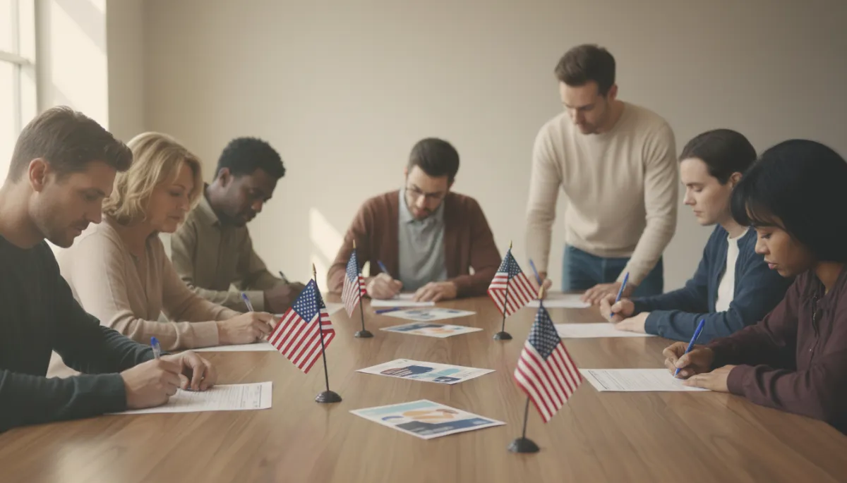 Neighbors registering to vote together at a community center