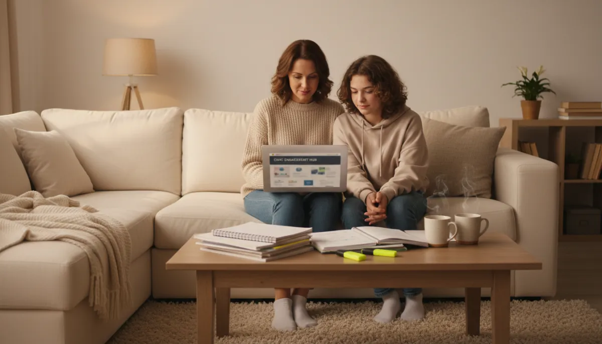 Parent and child learning about civics together on a laptop