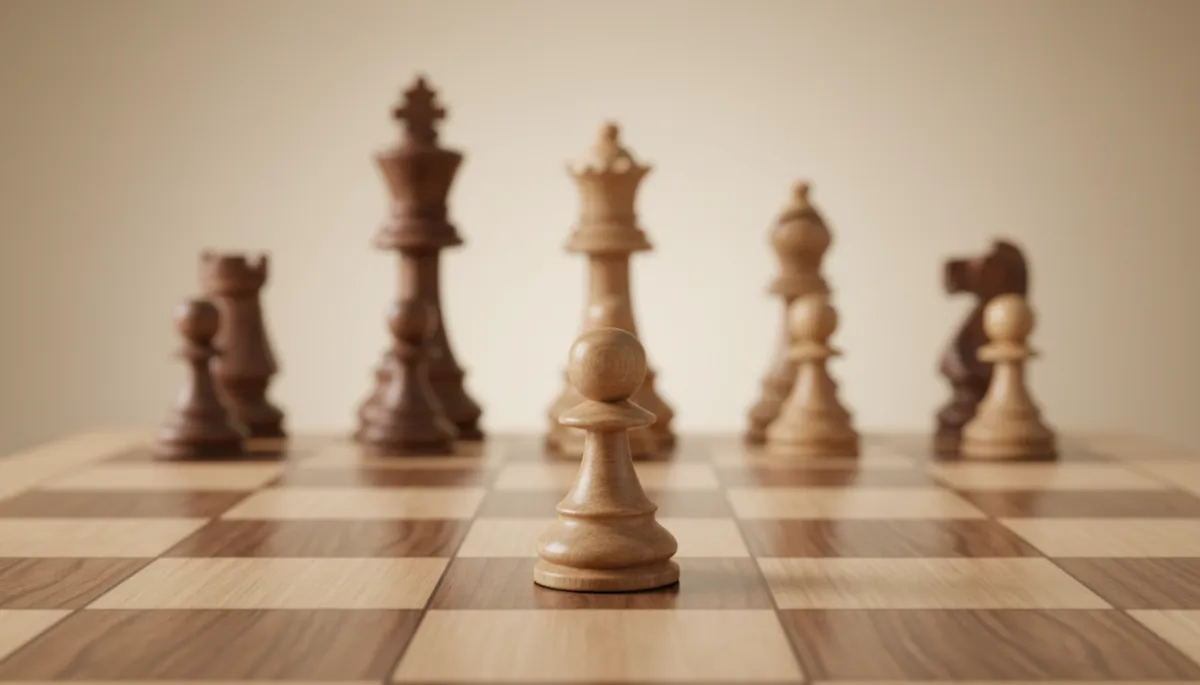 Chessboard with a single pawn highlighted in front of stronger pieces