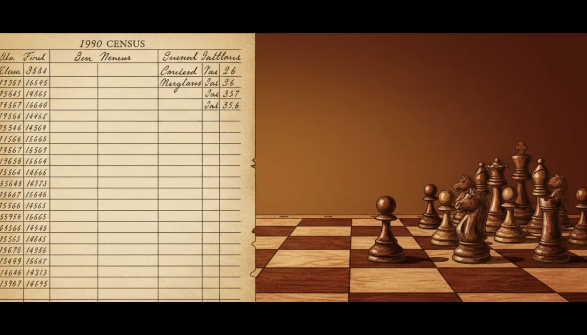 Historically-inspired illustration of a census ledger beside a lonely chess pawn
