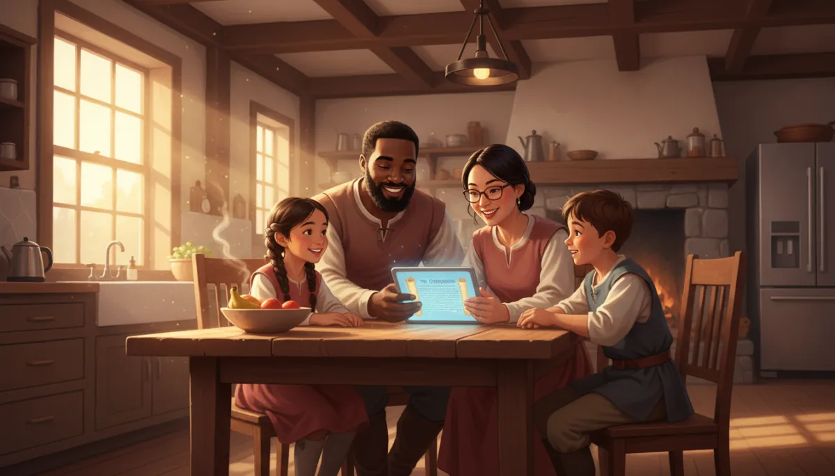 Historically-inspired illustration of a modern family reading the Constitution together