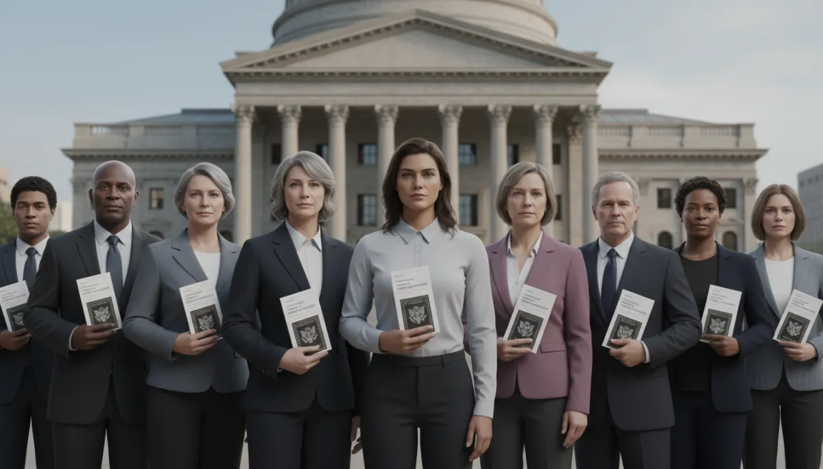 Diverse Americans with Constitutions and voter registration forms outside a courthouse Diverse Americans with Constitutions and voter registration forms outside a courthouse