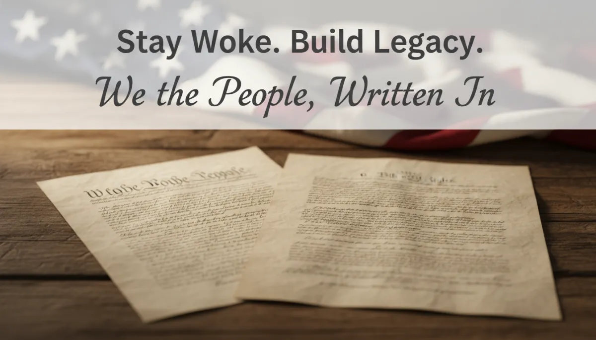 professional neutral-toned photograph of the U.S. Constitution and Bill of Rights on a wooden table, soft directional light, subtle American flag in background, overlay text reading 'Stay Woke. Build Legacy.' and 'We the People, Written In' professional neutral-toned photograph of the U.S. Constitution and Bill of Rights on a wooden table, soft directional light, subtle American flag in background, overlay text reading 'Stay Woke. Build Legacy.' and 'We the People, Written In'