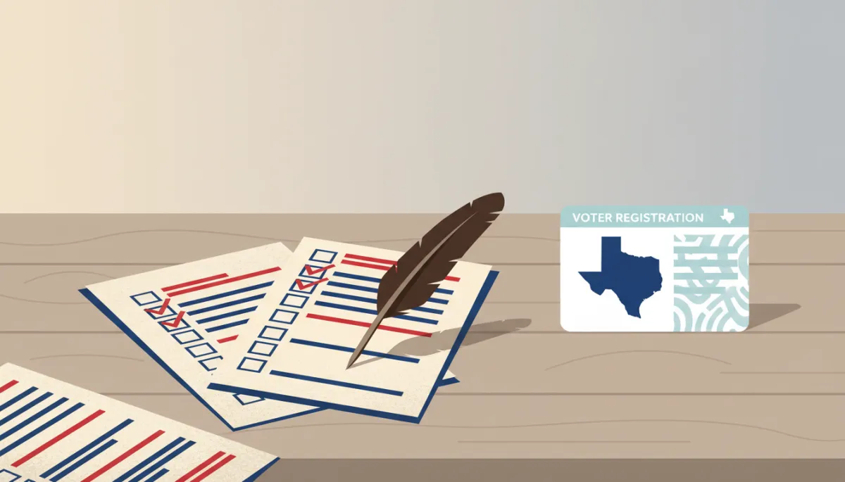 Historic-style ballots beside a modern Texas voter registration card