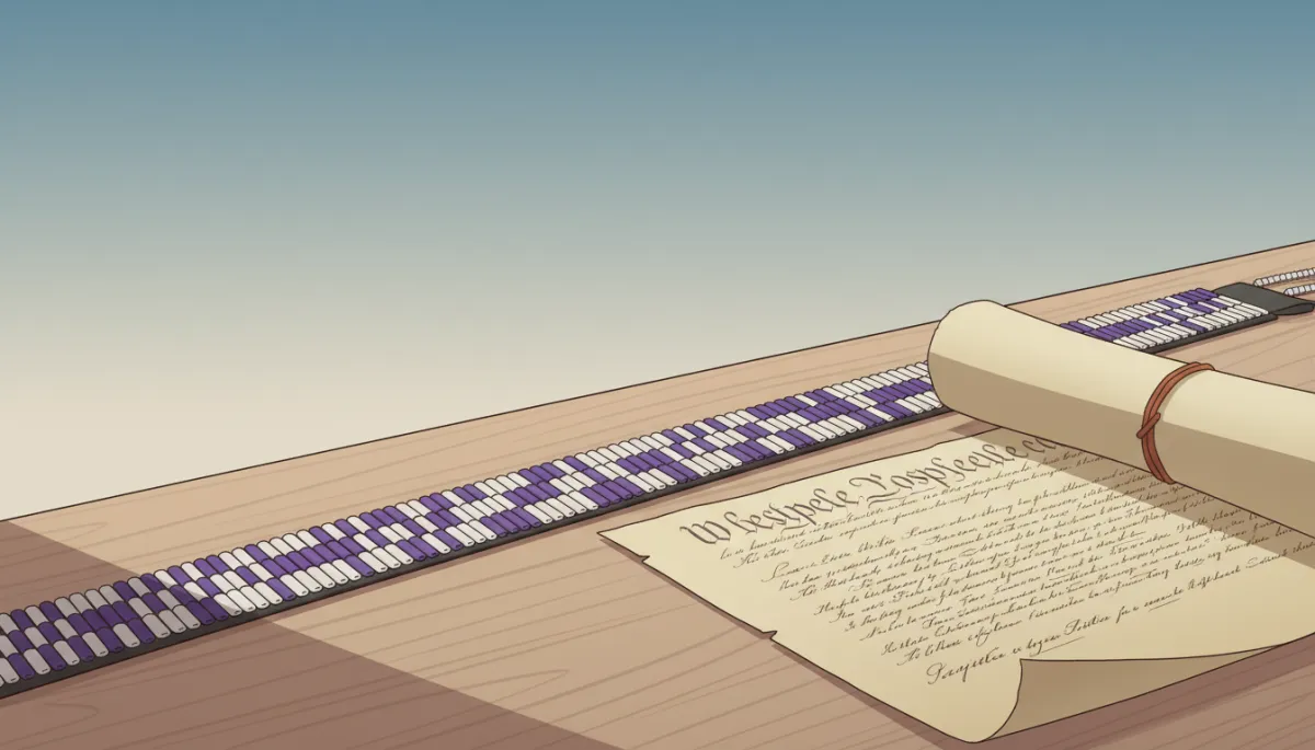 Professional neutral-toned close-up of wampum belt and U.S. Constitution side by side