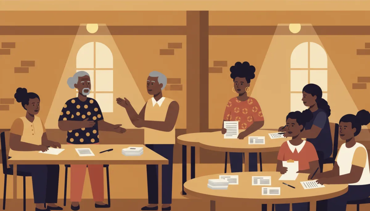 Black community members meeting in a church to discuss voter registration
