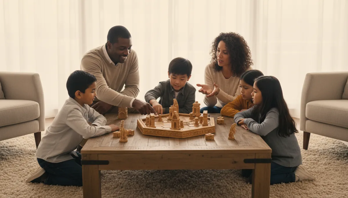Family playing a pawn-based strategy board game together