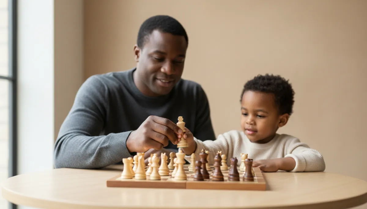 professional neutral-color photograph of a Black father and young child sitting at a wooden table playing chess together, soft natural light, focus on the king piece in the child's hand, calm and focused mood