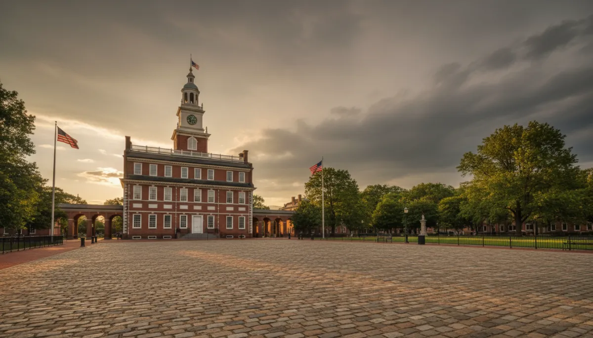 photorealistic warm neutral tones, late afternoon sun beating down on Independence Hall in Philadelphia, heat shimmer on cobblestones, closed windows and doors, subtle American flags, dramatic sky hinting at storm clouds
