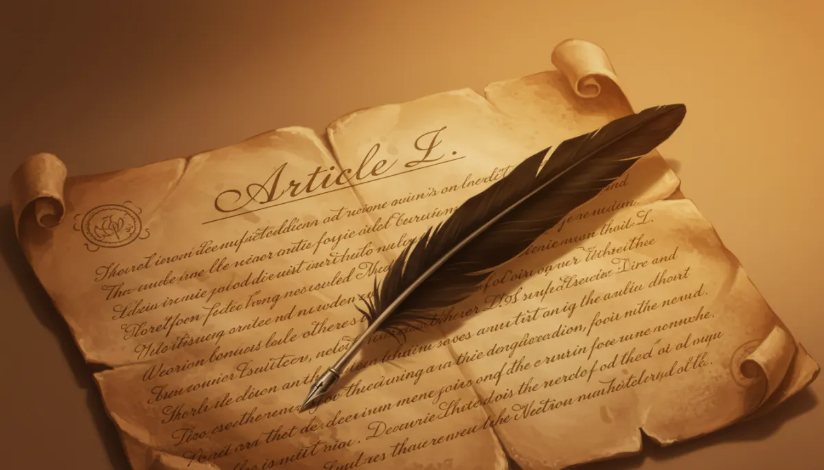 historically-inspired illustration of a close-up of old parchment manuscript showing Article I text in elegant colonial-era script, quill pen resting on the page, warm candlelight glow, rich sepia tones, no people