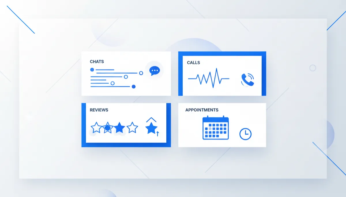 Minimal modern CRM dashboard mockup with chats, reviews, and appointments