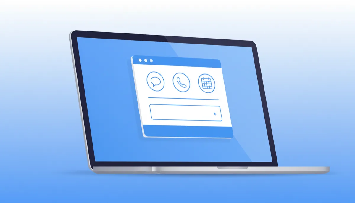 minimal / modern flat illustration of a website chat widget on a laptop screen with electric blue accents, simple icons for messages, phone, and calendar, clean white background