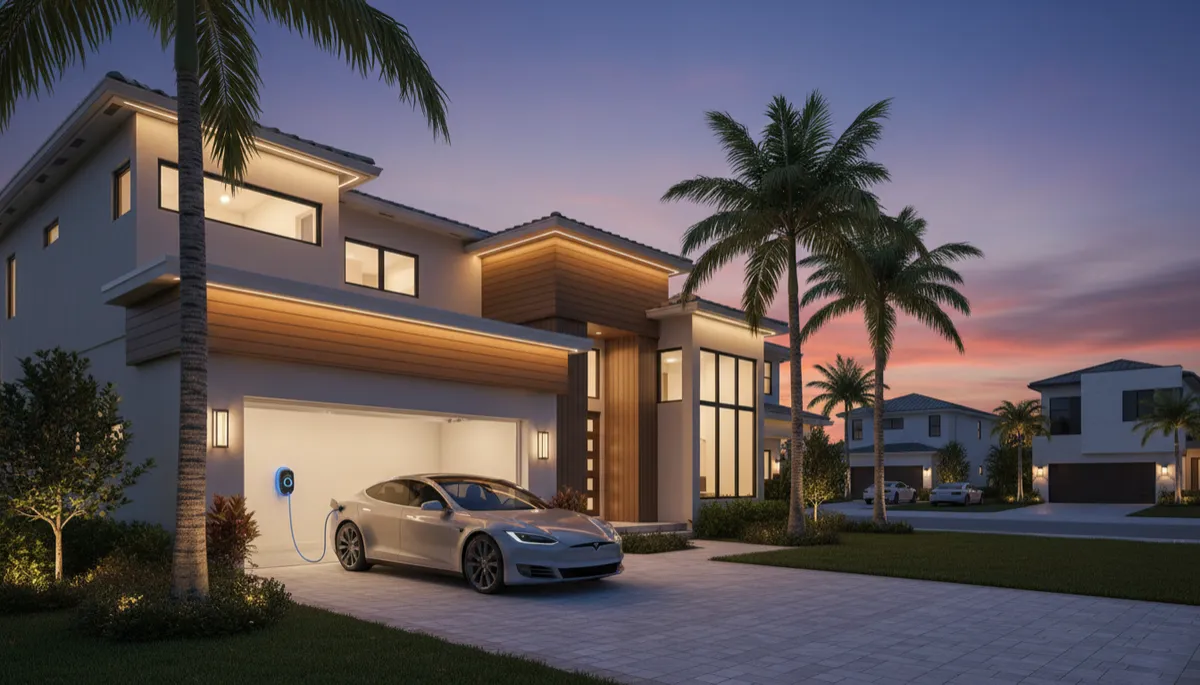 Modern Florida home with an electric vehicle charging in the garage at dusk