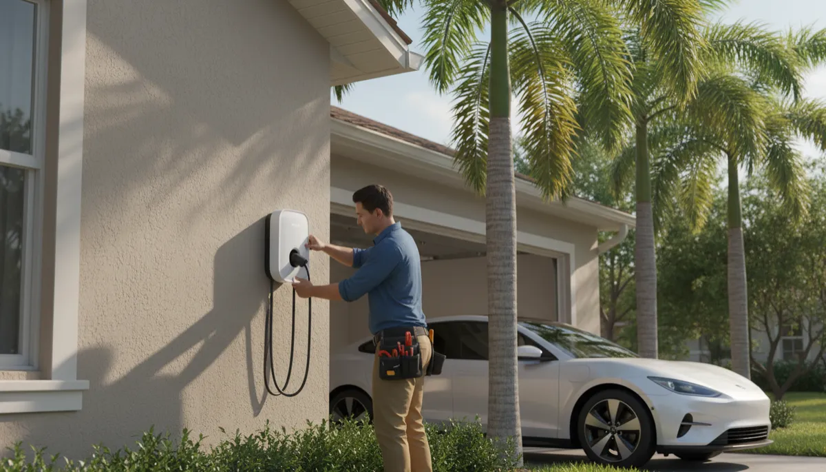 photorealistic professional electrician installing a Level 2 EV charger on the exterior stucco wall of a Florida home in bright daylight, palm trees and neutral-colored house, clean modern charger unit, white electric vehicle visible parked partially inside open garage