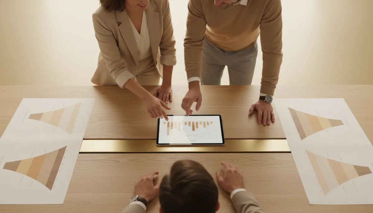 Colleagues reviewing printed funnel charts and sales metrics in a warm neutral setting