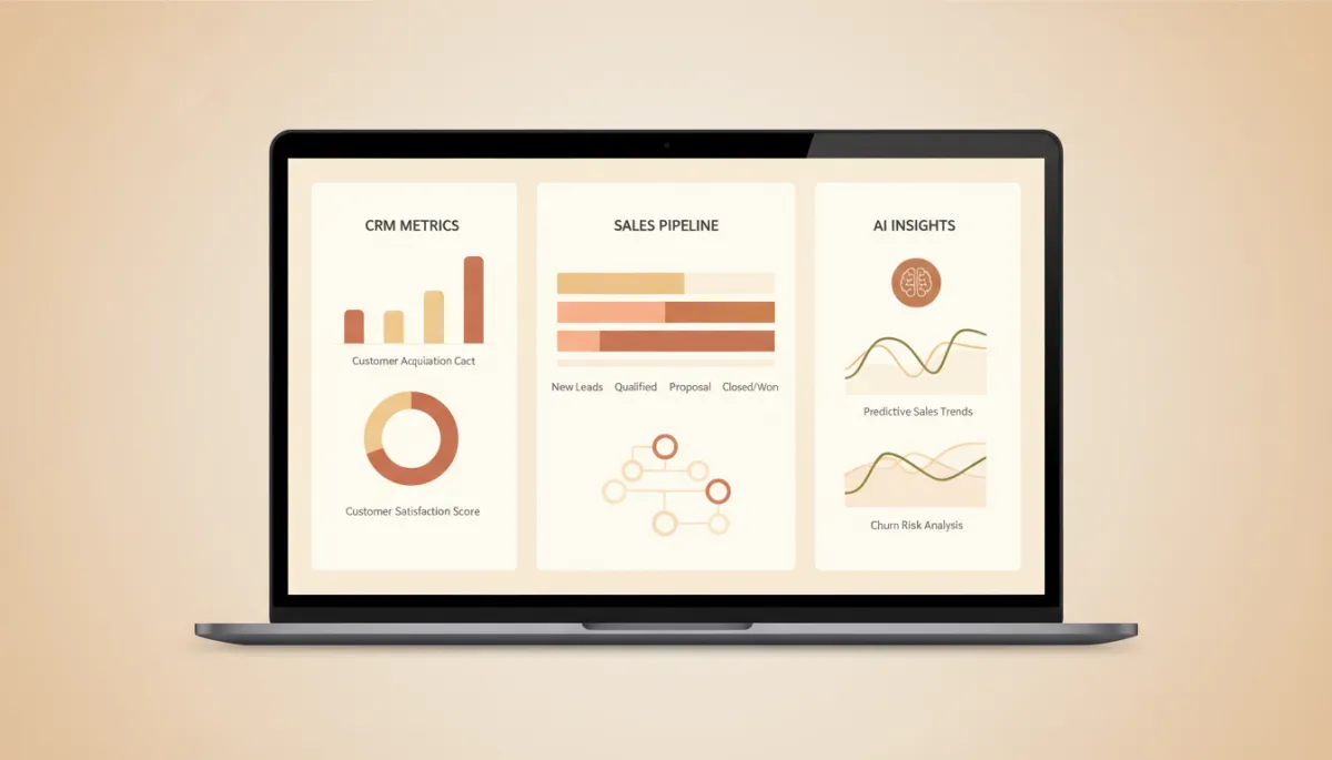 Laptop displaying CRM and AI-based business intelligence dashboard in warm neutral tones