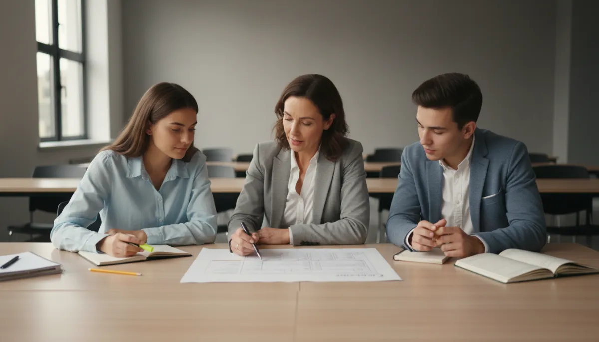 Students reviewing a course outline with an instructor in a professional classroom