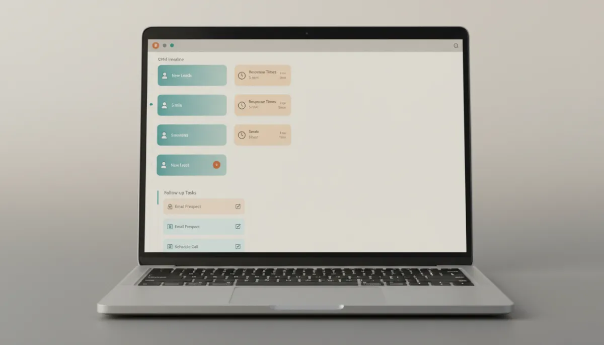 CRM dashboard showing new leads, response times, and follow-up tasks for a local business