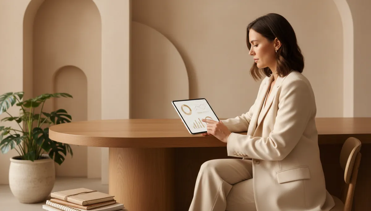 Small business owner reviewing CRM data on a tablet in a boutique workspace