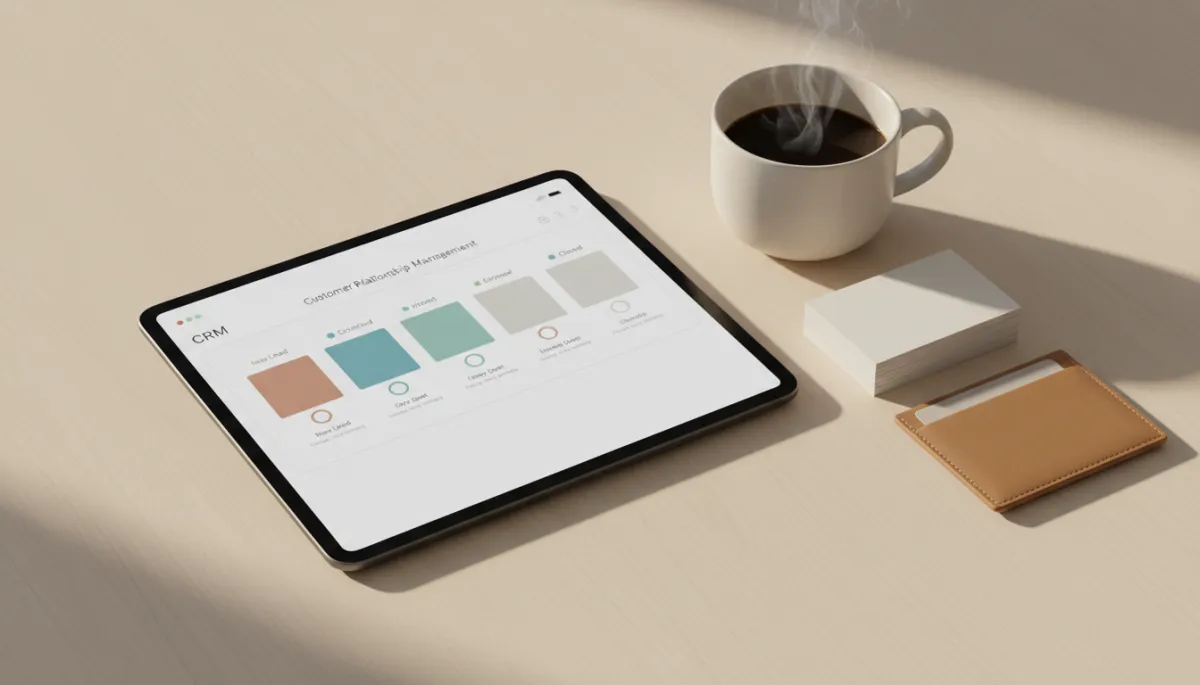Tablet with CRM pipeline view on a warm neutral workspace