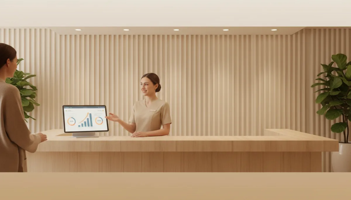 Local spa reception with booking dashboard showing rising conversions