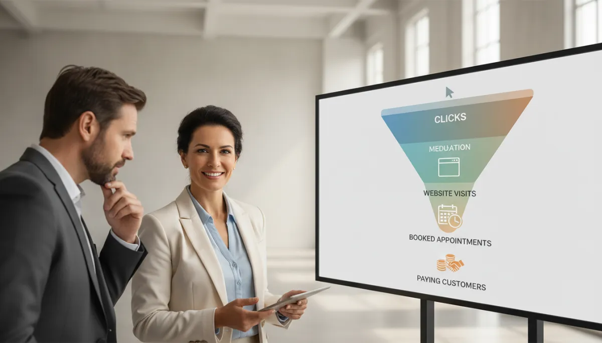 professional neutral-toned office scene with a marketing strategist presenting a funnel diagram to a small business owner on a large screen, showing stages from clicks to booked appointments and paying customers, modern professional style