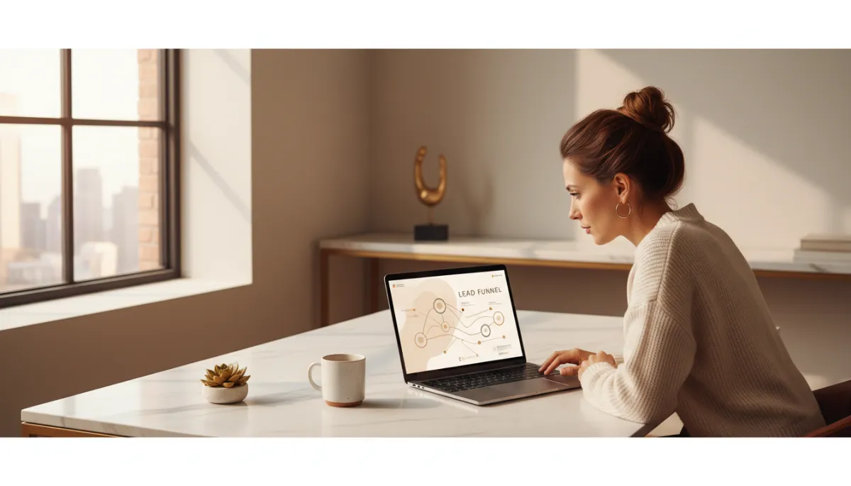 modern clean warm neutral scene of a sophisticated local business owner reviewing a sleek digital dashboard of a lead funnel on a laptop, soft beige and caramel tones, minimalist office with natural light and subtle gold accents