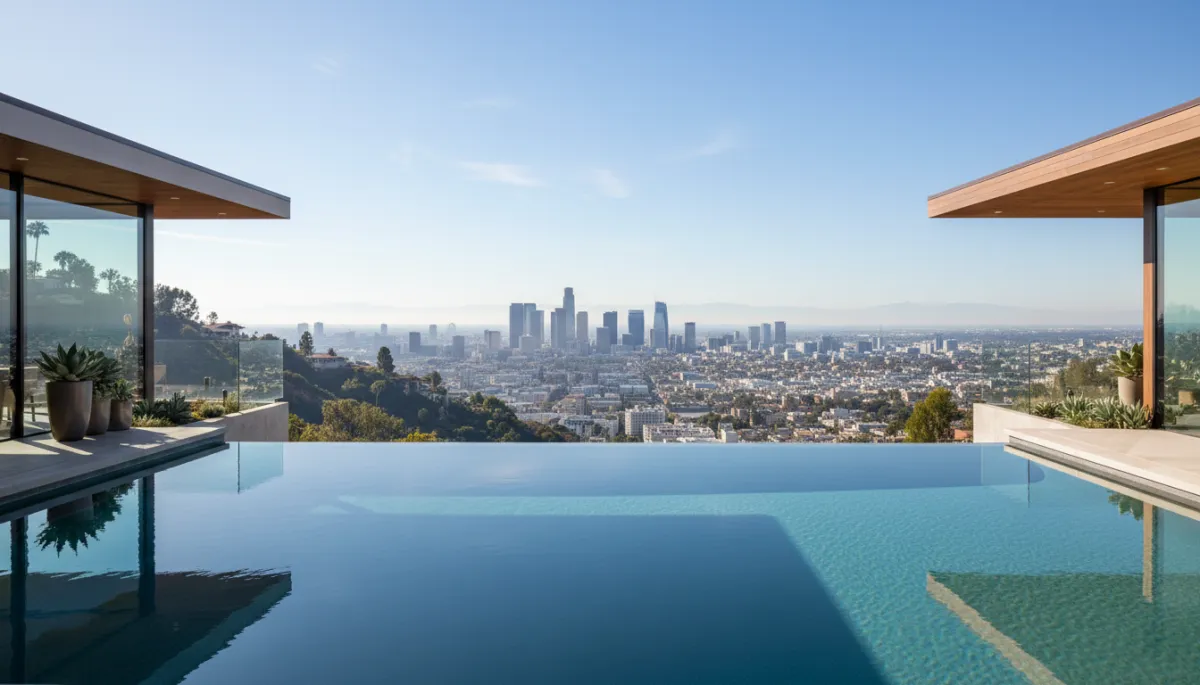 Infinity pool at a modern Hollywood Hills luxury home overlooking Los Angeles skyline Infinity pool at a modern Hollywood Hills luxury home overlooking Los Angeles skyline