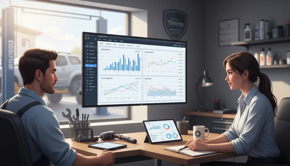 A genuine photo of a mechanic or auto detailer in a clean, modern garage office, sitting next to a marketing consultant. Both are looking at an actual computer screen displaying a marketing dashboard with real graphs and booking data. The scene includes authentic automotive tools, branding, and a welcoming, realistic environment with natural daylight. Ensure the photo has all the subtle details of a real-life, unposed setting.