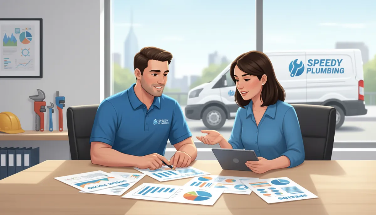 A real, unstaged photo of a home service provider (such as a plumber or electrician) in a bright, modern office, sitting at a table with a marketing consultant. Both are actively reviewing printed marketing materials with charts and documents. The provider is in a branded uniform, with tools or a service vehicle visible naturally through a window. The environment should feel authentic, friendly, and professional, with natural daylight and real-life detail. No artificial or AI-generated cues.