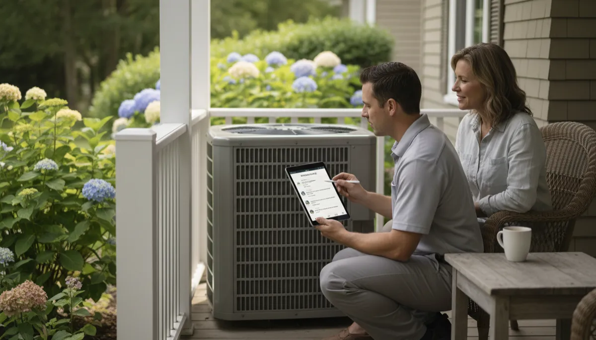 HVAC technician reviewing service options with a homeowner