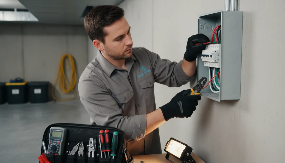 Electrician installing an electrical panel in a residential basement