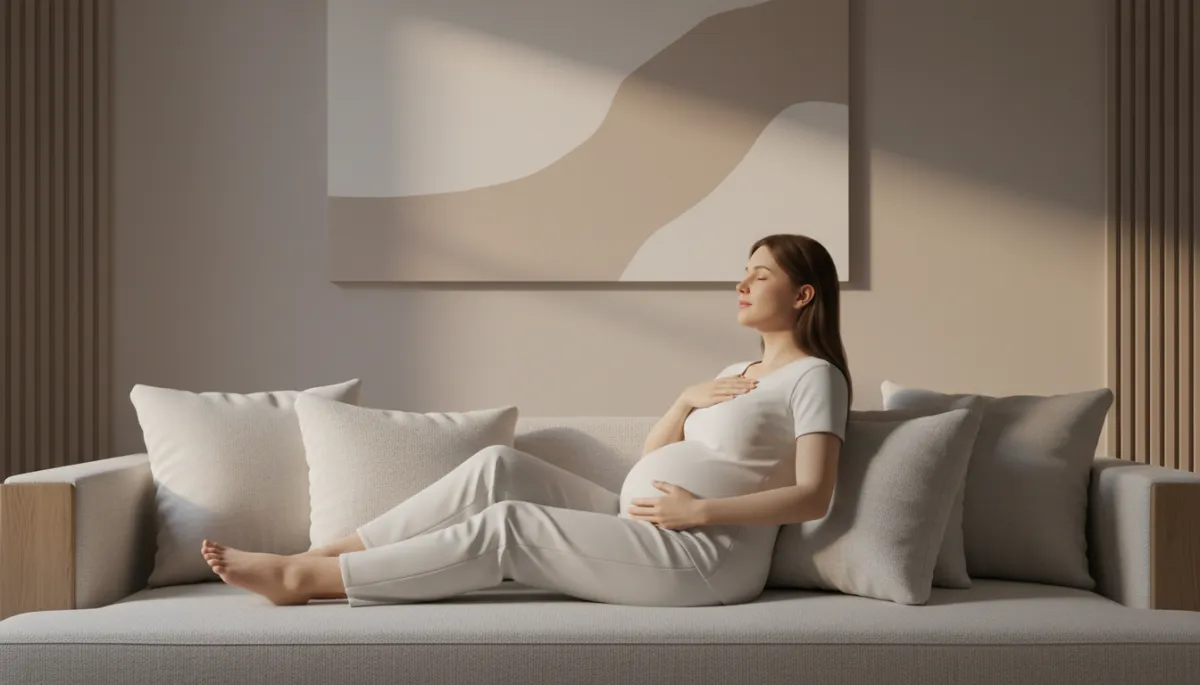 Pregnant person resting against cushions while practicing gentle breathing