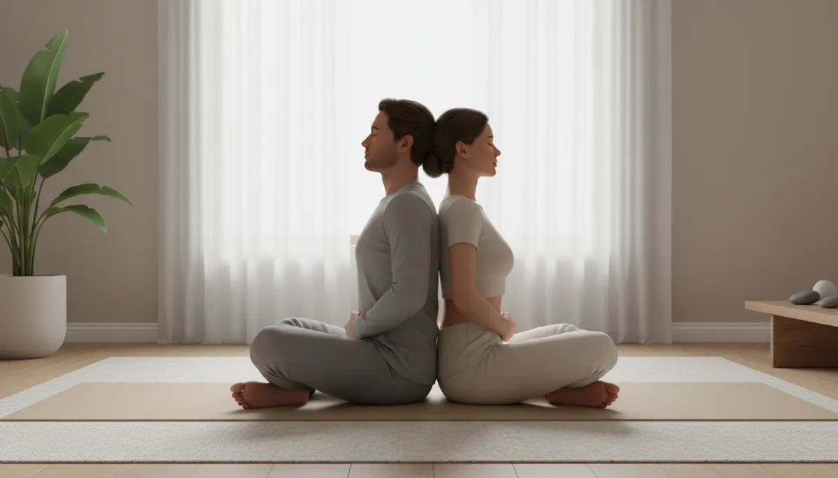 Couple practicing gentle breathwork together in a calm living room