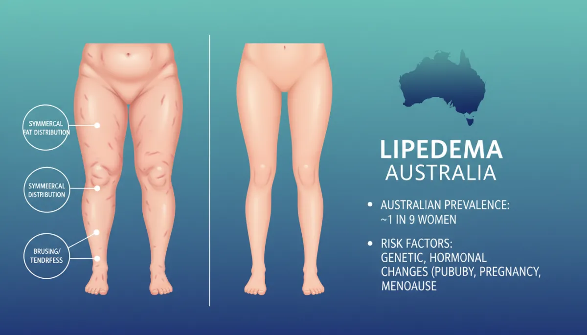 A side-by-side medical illustration: one leg with lipoedema and one unaffected leg, with clear callouts: symmetrical fat distribution, sparing of the feet, bruising/tenderness. Sidebar infographic: Australian prevalence, genetic and hormonal risk factors, sourced from Lipoedema Australia.