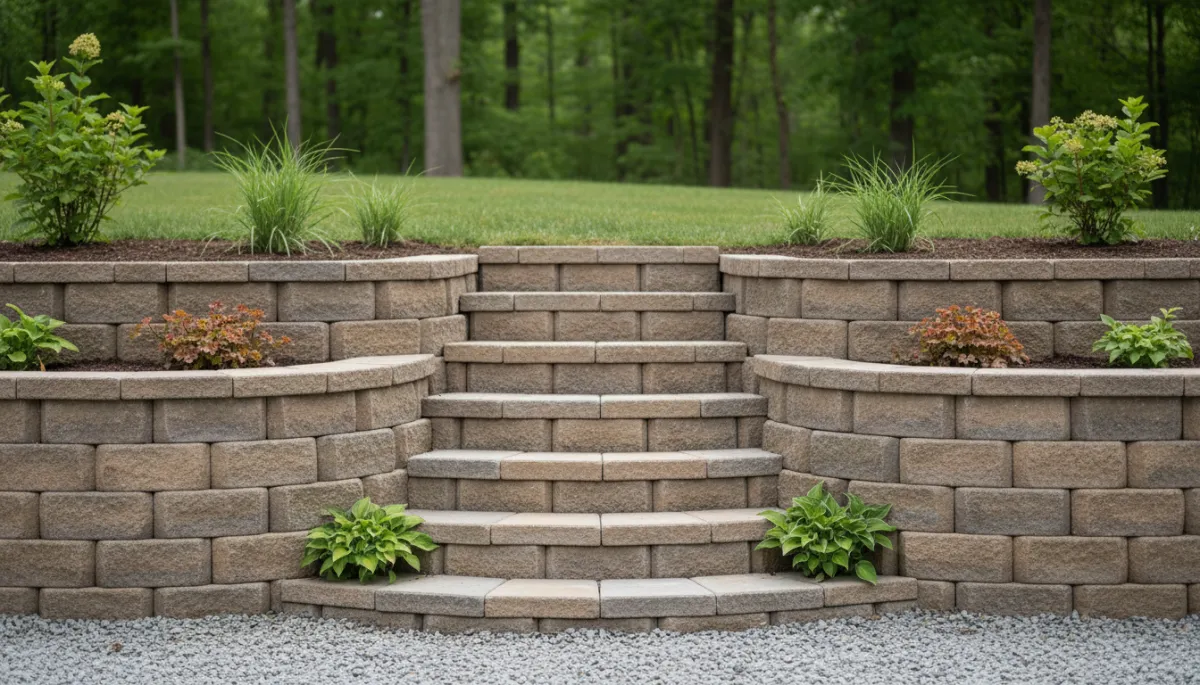 Tiered retaining wall with drainage and landscaping details