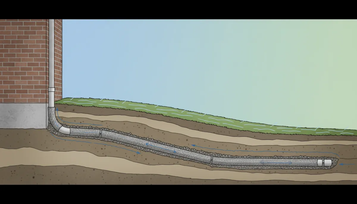 Diagram of yard grading and French drain managing water above and below ground