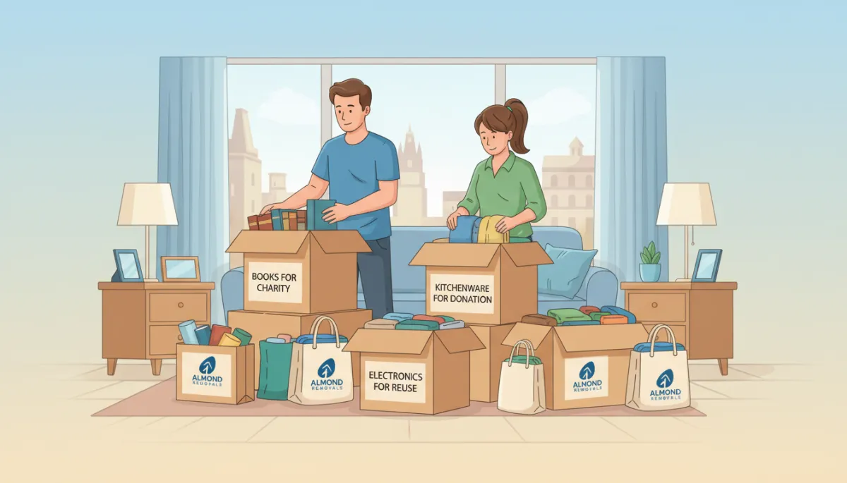 A couple sorting household items into clearly labelled boxes for sustainable clearance in Southampton. Each box and any visible bags display the Almond Removals logo, sourced from almondremovals.com, to reinforce branding.
