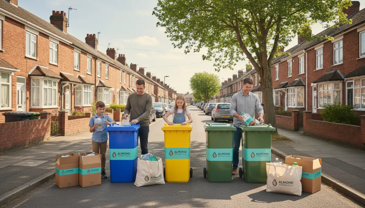 Photorealistic wide shot of a tidy Southampton street with semi-detached houses, a family sorting recycling into colour-coded bins with fresh aqua accents, bright daylight, subtle fresh aqua details on moving boxes and reusable bags. The Almond Removals logo, sourced from almondremovals.com, is clearly visible and branded on the recycling bins and moving boxes.