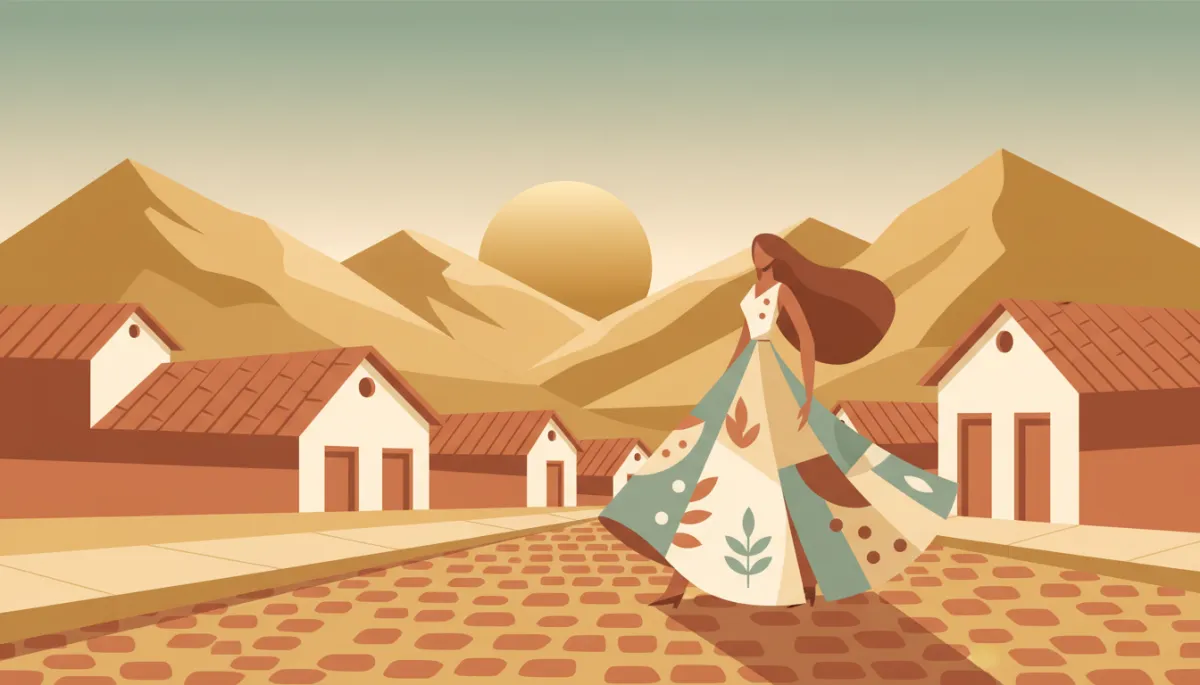 Fernanda caminhando em rua histórica de cidade mineira ao pôr do sol